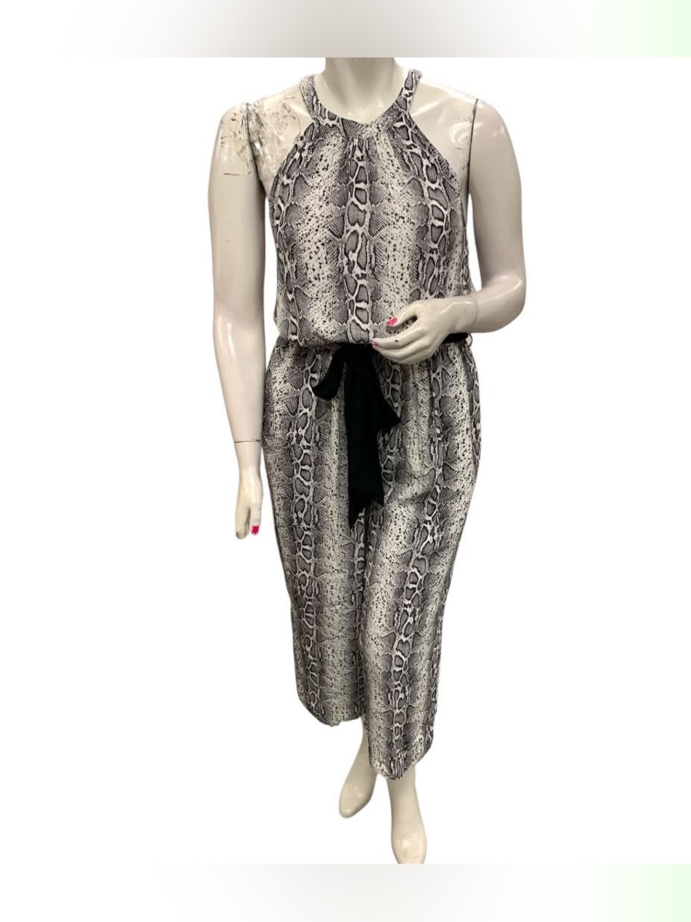 Love & Legend Sleeveless Snake-Print Halter Jumpsuit with Black Waist Tie S16
